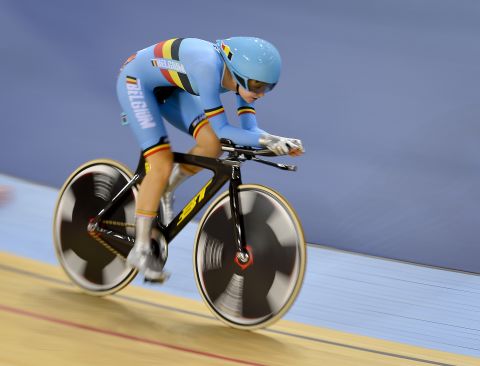 Belgium's Jolien D'Hoore competes in the women's omnium individual pursuit event of the cycling competition.