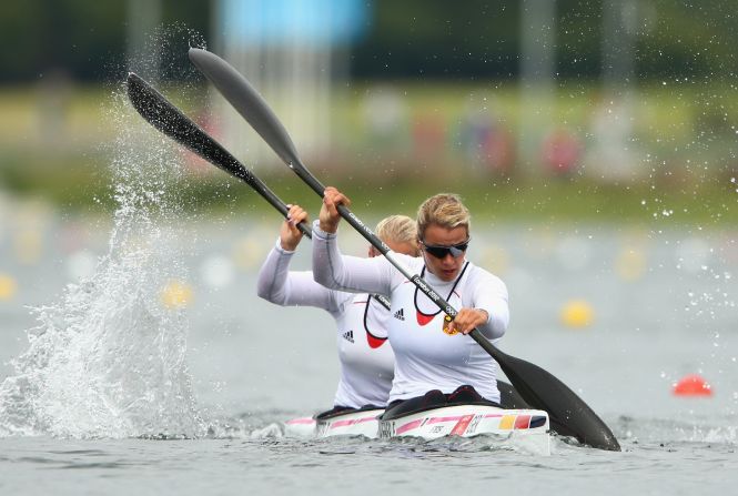 Franziska Weber, front, and Tina Dietze of Germany compete in the women's kayak double 500-meter sprint semifinal in Windsor.