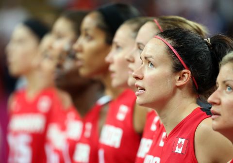 Shona Thorburn of Canada stands for the Canadian National Anthem before the women's basketball quarterfinal against the United States.