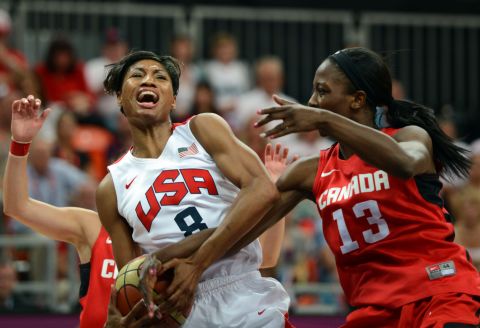 U.S. guard Angel McCoughtry, left, competes against Canadian forward Tamara Tatham during the women's quarterfinal basketball game.