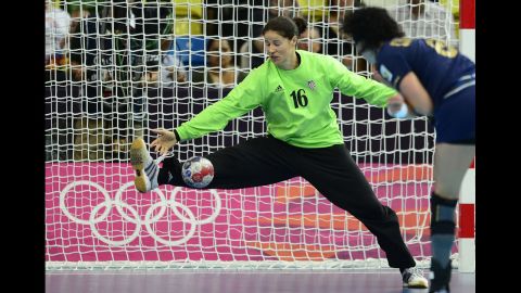 Croatian goalkeeper Ivana Jelcic attempts to block a goal during the women's quarterfinal handball match against Spain. Spain won 25-22.  