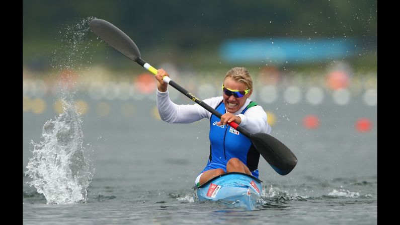 Italian kayaker Josefa Idem races in the women's kayak single 500-meter sprint semifinals.