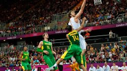NBA's star Pau Gasol jumps highest during Spain's 88-82 defeat to Brazil in the men's basketball tournament.