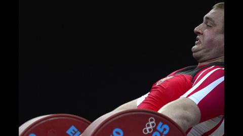 Belarus' Yauheni Zharnasek lifts during the men's +105-kilogram Group B weightlifting event.