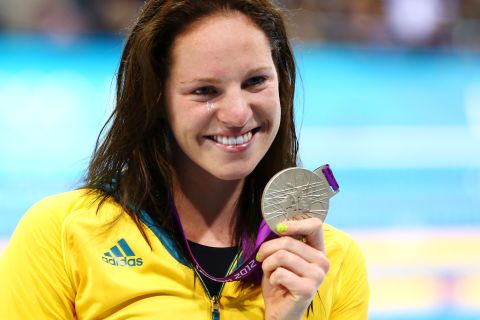 Silver medalist Emily Seebohm poses during the medal ceremony for the Women's 100m Backstroke on July 30.