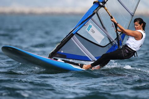 Jessica Crisp, 42, part of Australia's 2012 Olympic wind surfing team, competes in the RS-X  women's sailing event at Weymouth Harbour in Weymouth, England.