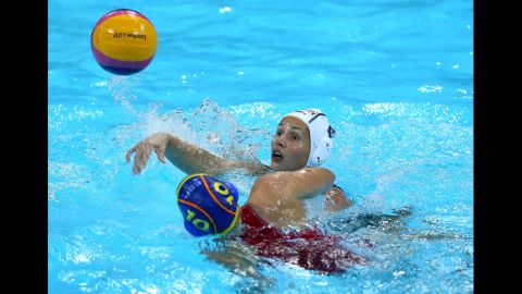 Ona Meseguer Flaque of Spain defends in the women's water polo semifinal match between Spain and Hungary.