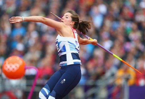 Goldie Sayers of Great Britain competes in the women's javelin throw qualification.
