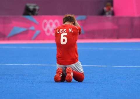 Lee Nam-Yong of South Korea reacts after losing the men's field hockey preliminary round match against Netherlands.