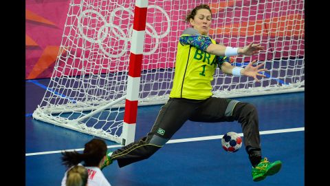 Brazil's goalkeeper Chana Masson tries to make a save during the women's quarterfinal handball match against Norway.