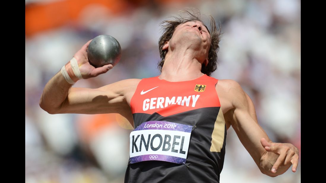Germany's Jan Felix Knobel competes in the men's decathlon's shot put qualifications.