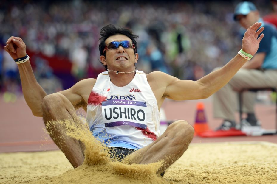 Japan's Keisuke Ushiro competes in the men's decathlon long jump qualifications.