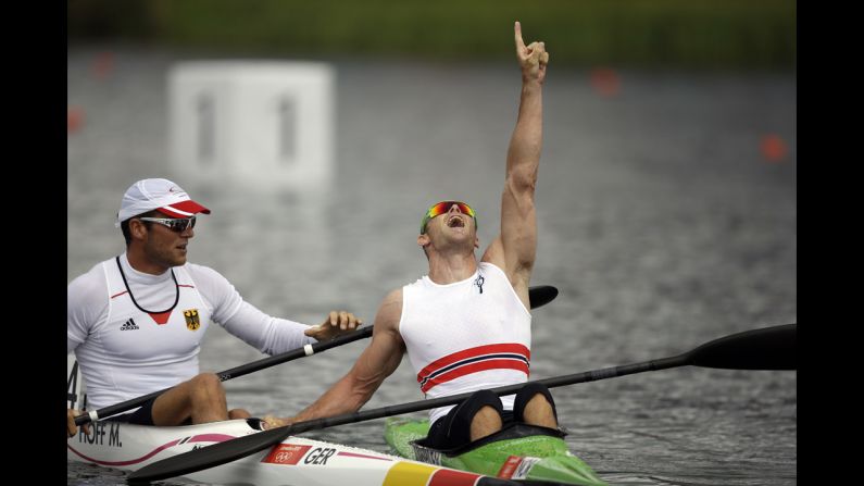 Eirik Veras Larsen of Norway celebrates the gold during the men's kayak single 1,000-meter canoe sprint finals in Windsor.
