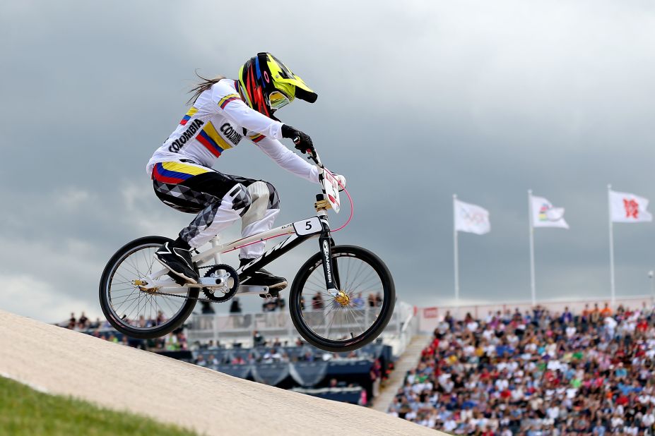 Mariana Pajon of Colombia competes in the seeding run at the BMX track.