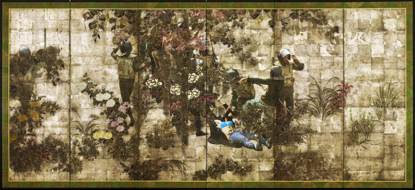 A work from Hammam's "Unfolding," a series consisting of stylized Japanese landscapes, intersected with explicit footage, downloaded from the internet, of police brutality in the wake of the Egyptian revolution.