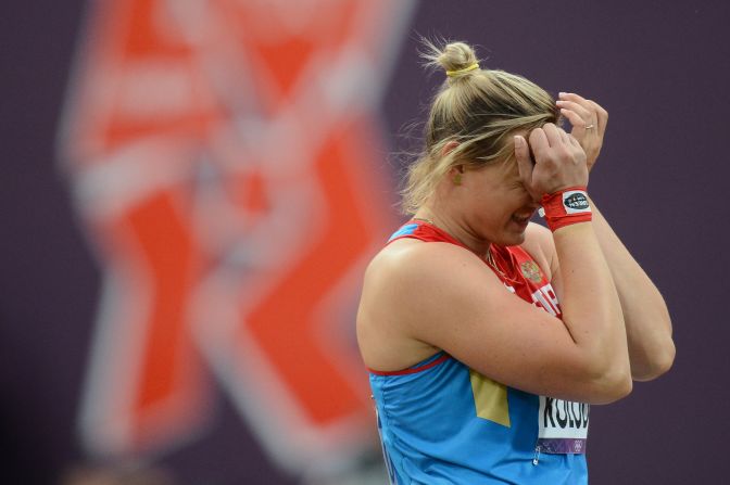 It's unclear whether Russia's Evgeniia Kolodko sheds tears of joy or sorrow after winning bronze in the women's shot put final.
