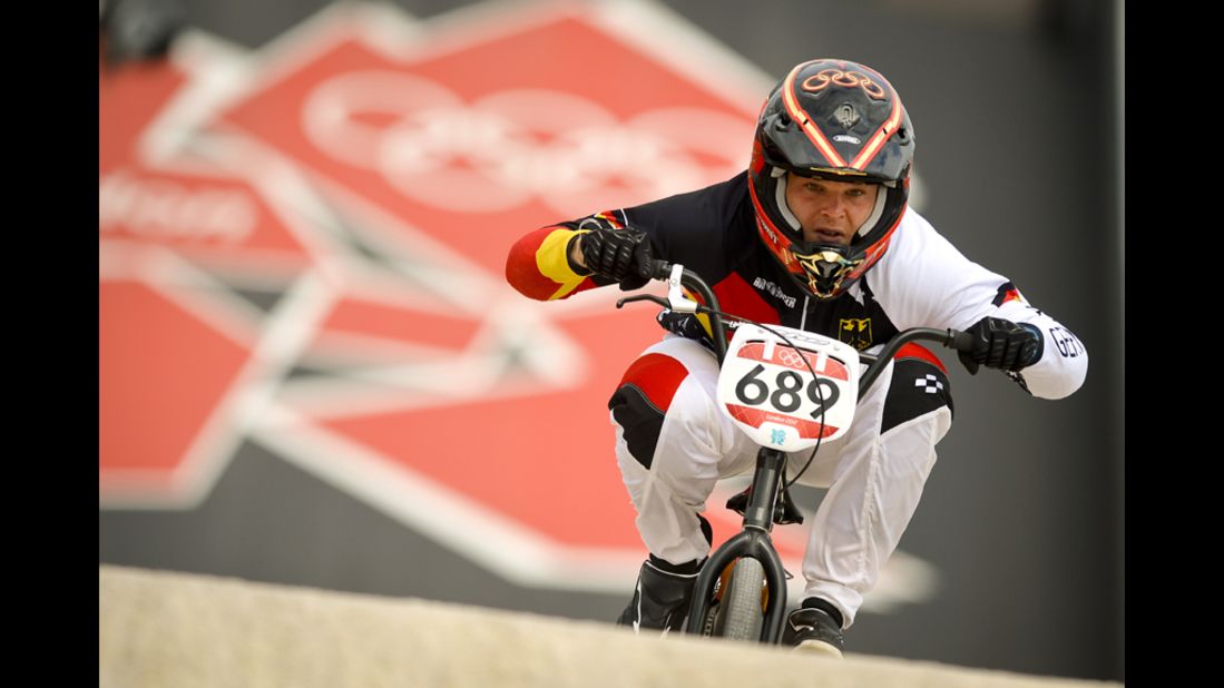 Maik Baier of Germany powers down the track during the seeding run in the BMX competition.