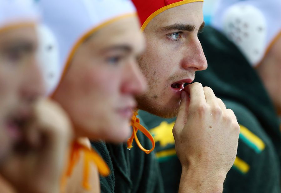 James Clark of Australia looks on from the bench during the men's water polo quarterfinal match against Serbia.