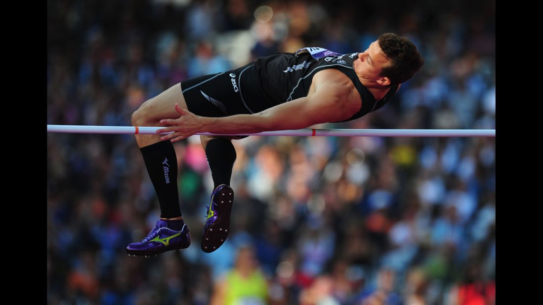 Brent Newdick of New Zealand competes in the men's decathlon high jump.