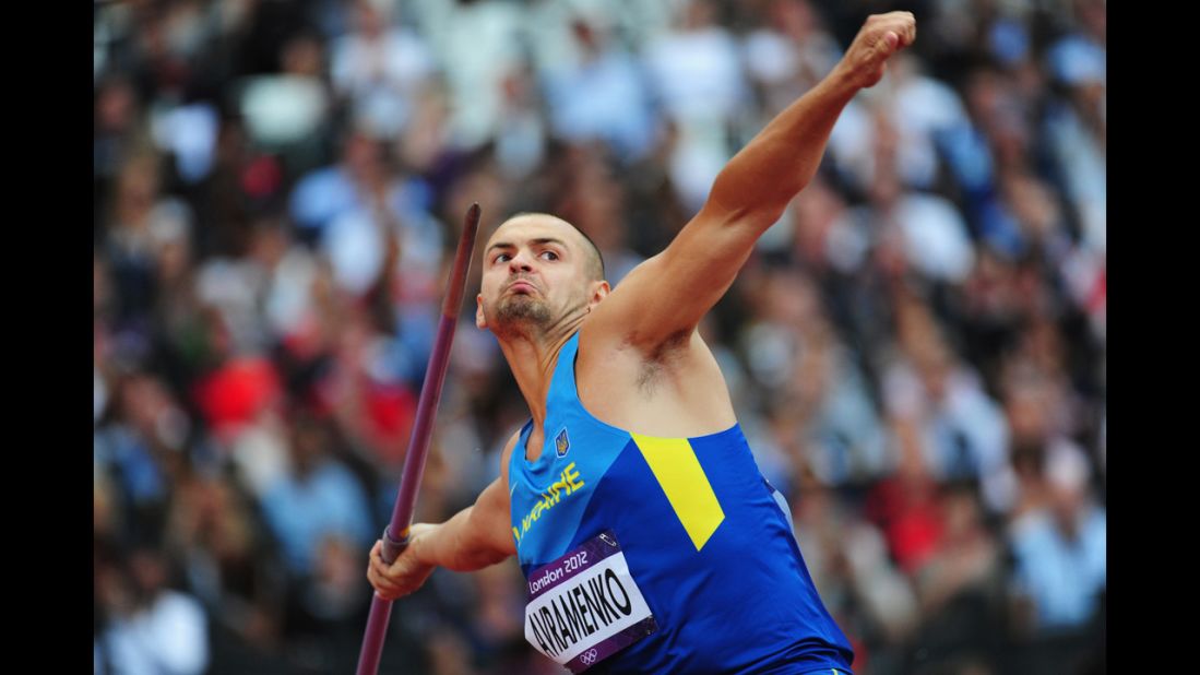 Roman Avramenko of Ukraine competes in the men's javelin throw qualifications.