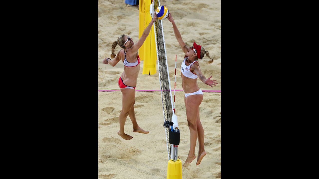 Kerri Walsh Jennings of the United States, left, competes against countryman April Ross during the women's beach volleyball match on Wednesday.