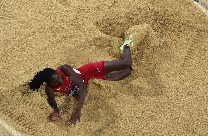 Brittney Reese of the United States competes in the women's long jump final.