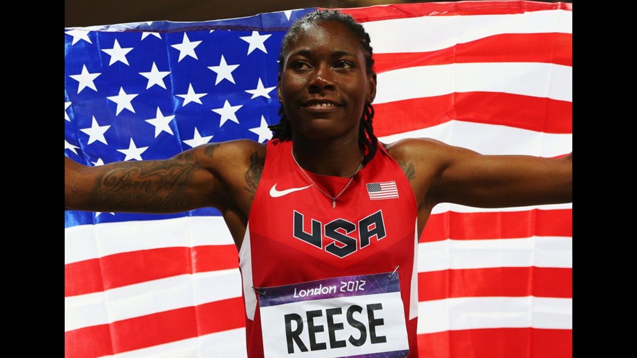 Brittney Reese of the United States celebrates winning gold in the women's long jump final.