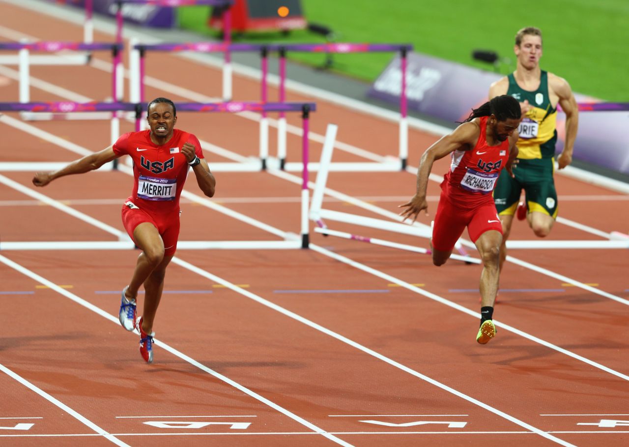 Aries Merritt of the United States crosses the finish line ahead of Jason Richardson of the United States on Wednesday.