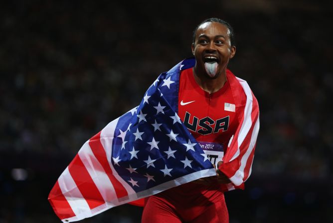 Aries Merritt of the United States celebrates after winning gold in the men's 110-meter hurdles final.