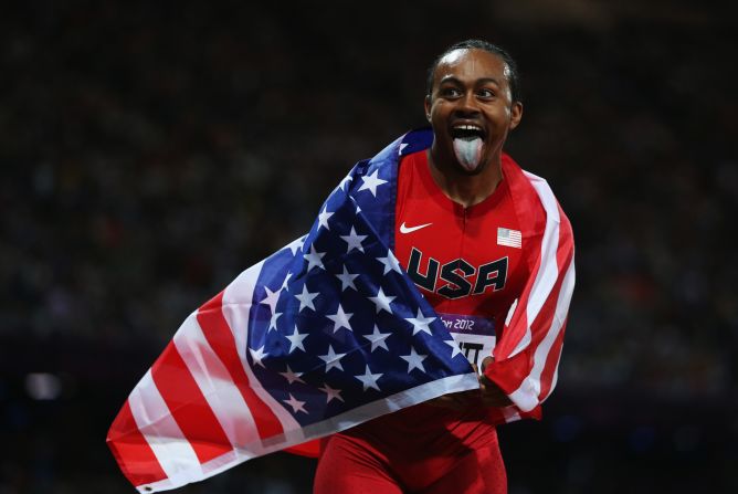 Aries Merritt of the United States celebrates after winning gold in the men's 110-meter hurdles final.