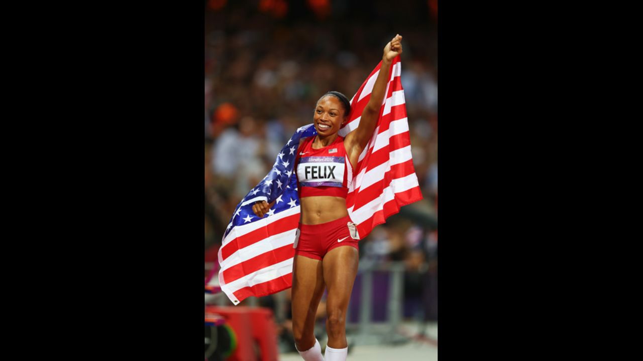 Allyson Felix of the United States celebrates after winning gold in the women's 200-meter final.