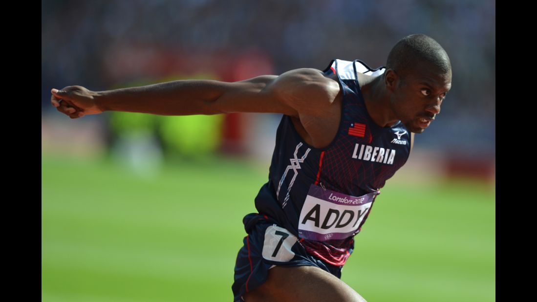 Liberia's Jangy Addy competes in the men's decathlon 100-meter heats.