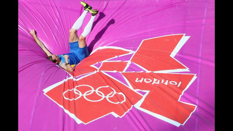 Maksym Mazuryk of Ukraine competes in the men's pole vault qualifications.