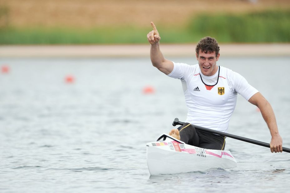 Sebastian Brendel of Germany celebrates winning gold during the men's canoe single 1,000-meter sprint finals in Windsor.