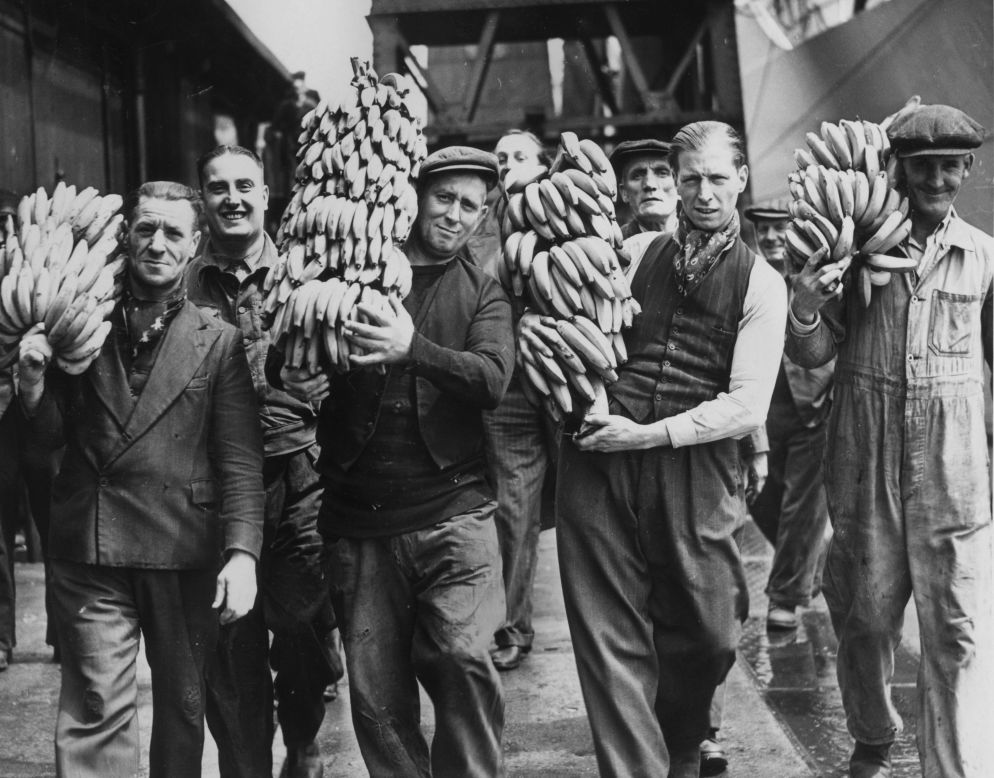 Dockers -- as longshoremen are known in the UK -- unload fruit from the SS Jamaica at West India Docks in June 1946. Food imports were strictly controlled during World War II: <a href="http://www.museumoflondon.org.uk/Explore-online/Pocket-histories/world-war-2/page2.htm" target="_blank" target="_blank">rationing continued</a> long after the conflict, with bananas a highly sought-after commodity. The docks closed for heavy freight traffic during the 1980s and have since been heavily redeveloped as part of the Canary Wharf, one of London's core business districts (Getty Images).
