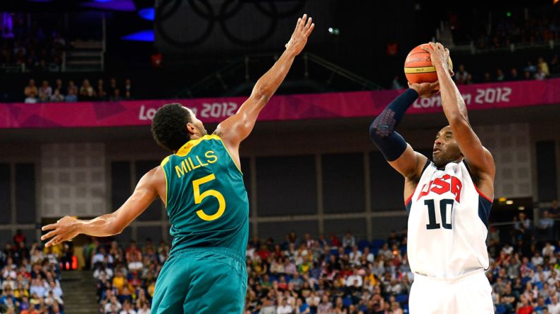 Kobe Bryant, No.10 of United States, shoots over Patrick Mills, No.5 of Australia, in the third quarter during the men's basketball quarterfinal game on Wednesday, August 8. <a href="index.php?page=&url=http%3A%2F%2Fwww.cnn.com%2F2012%2F08%2F07%2Fworldsport%2Fgallery%2Folympics-day-eleven%2Findex.html">Check out Day 11 of competition</a> from Tuesday, August 7. The Games ran through Sunday, August 12.