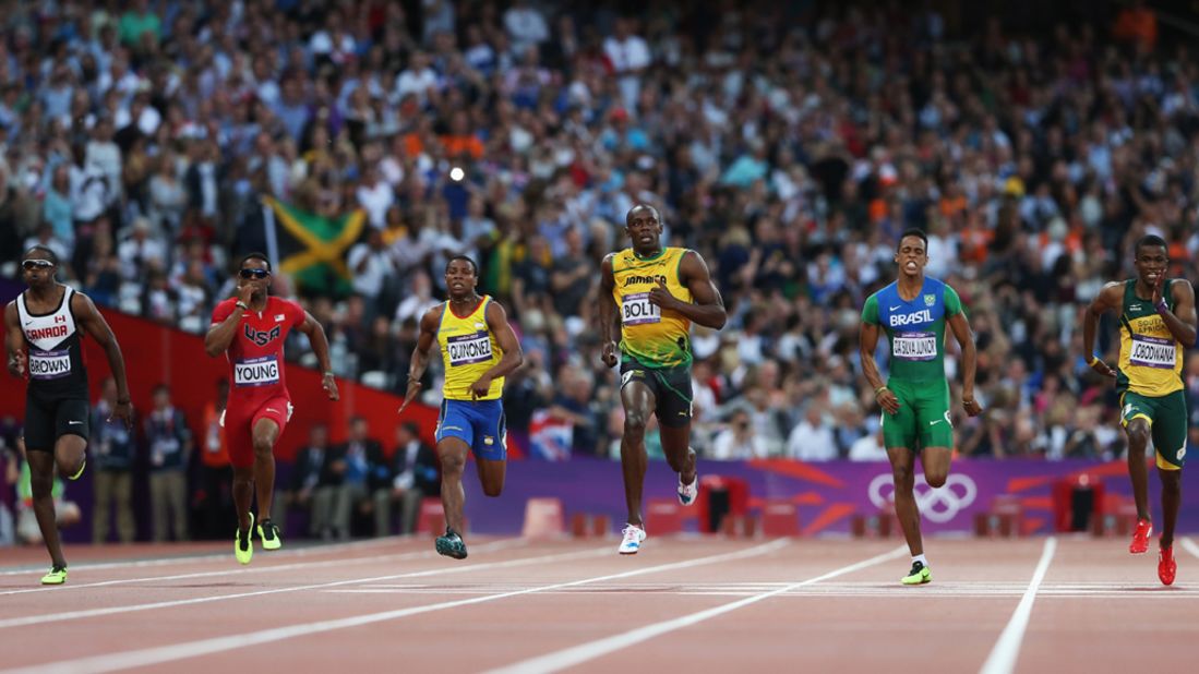 From left, Aaron Brown of Canada, Isiah Young of the United States, Alex Quinonez of Ecuador, Usain Bolt of Jamaica, Aldemir Da Silva Jr. of Brazil and Anaso Jobodwana of South Africa compete in the men's 200-meter semifinals.