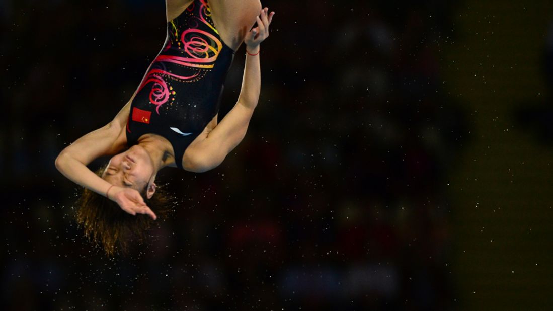 China's Hu Yadan competes in the women's 10-meter platform preliminary round during the diving event.
