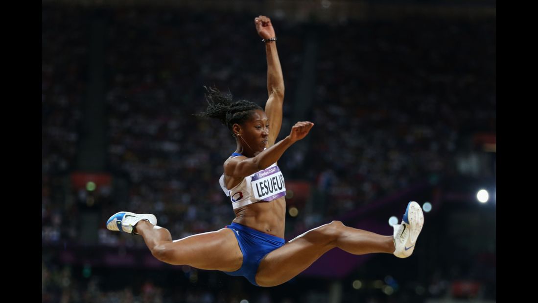Eloyse Lesueur of France competes in the women's long jump final.