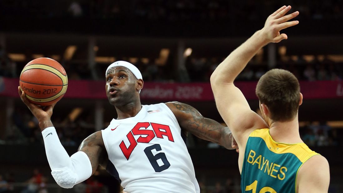 LeBron James, No.6 of United States, goes up for a shot against Aron Baynes, No.12 of Australia, in the first half during the men's basketball quarterfinal.