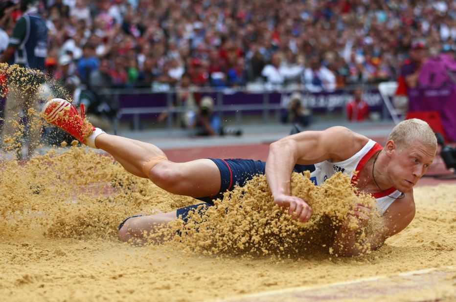 Daniel Awde of Great Britain competes in the men's decathlon long jump.
