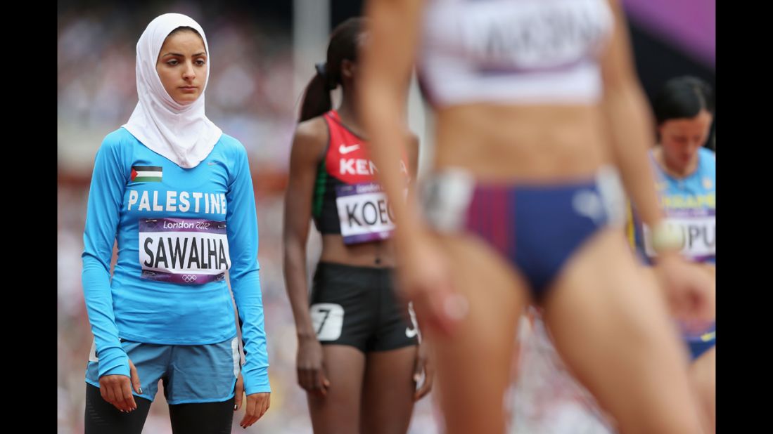 Palestinian runner Woroud Sawalha gets ready for round one of the women's 800-meter heats.