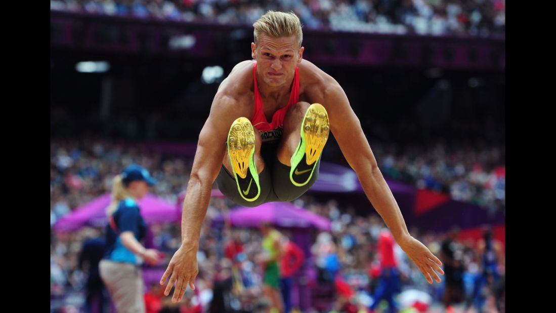 Pascal Behrenbruch of Germany competes in the men's decathlon long jump.