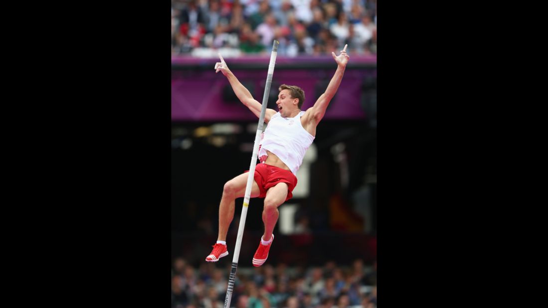 Lukasz Michalski of Poland competes in the men's pole vault qualifications.