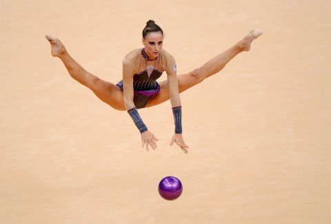 France's Delphine Ledoux  competes in the individual all-around rhythmic gymnastics.