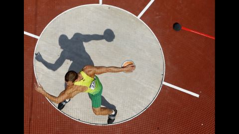 Lithuania's Darius Draudvila competes in the men's decathlon discus throw.
