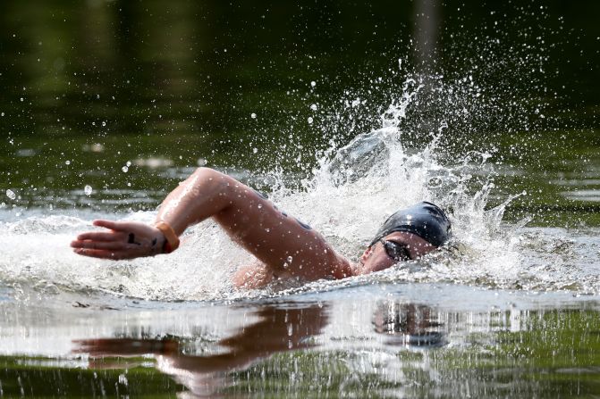 Hungarian swimmer Eva Risztov races in the women's marathon 10-kilometer swimming event.