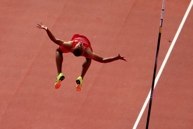 Ashton Eaton of the United States takes part in the men's decathlon pole vault.