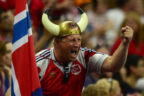 A Norway supporter cheers during the women's semifinal handball match against South Korea.