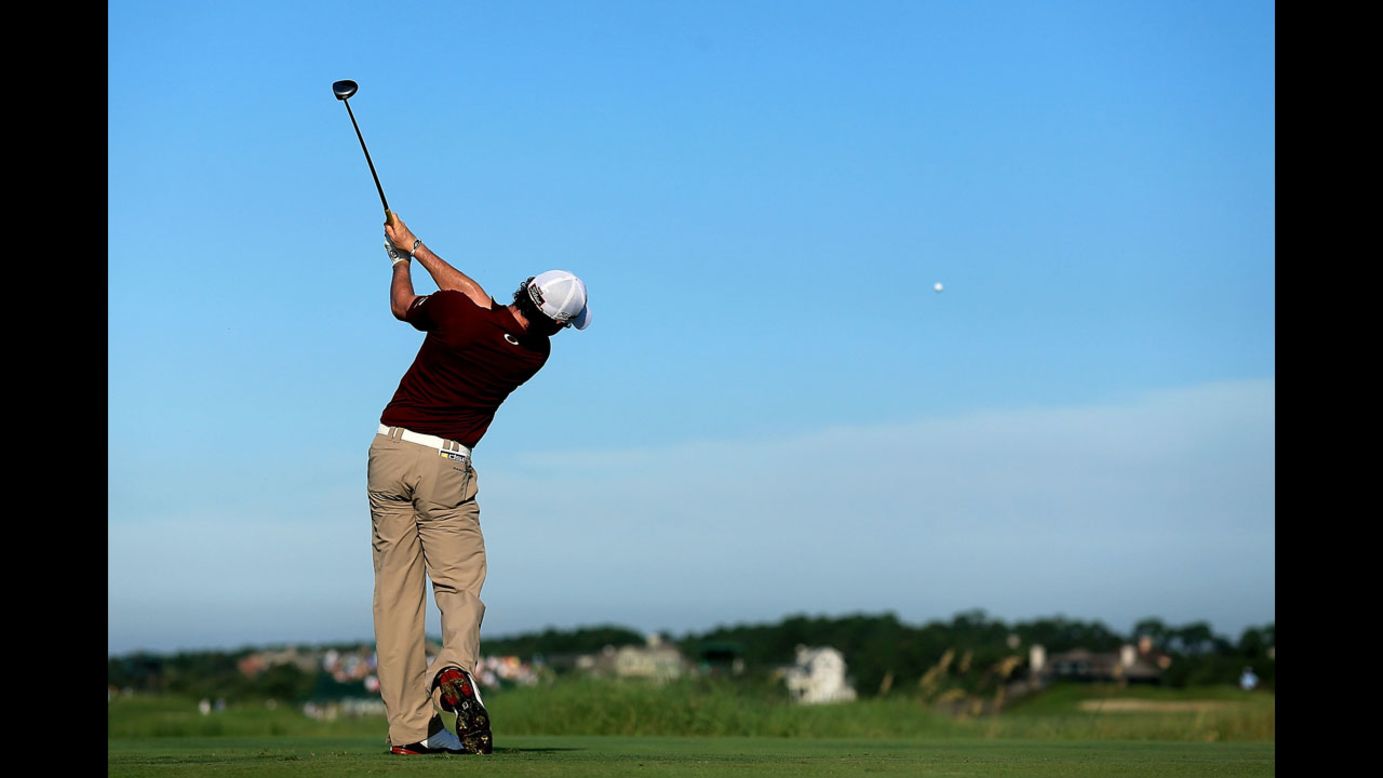 Rory McIlroy of Northern Ireland hits off the 12th tee.